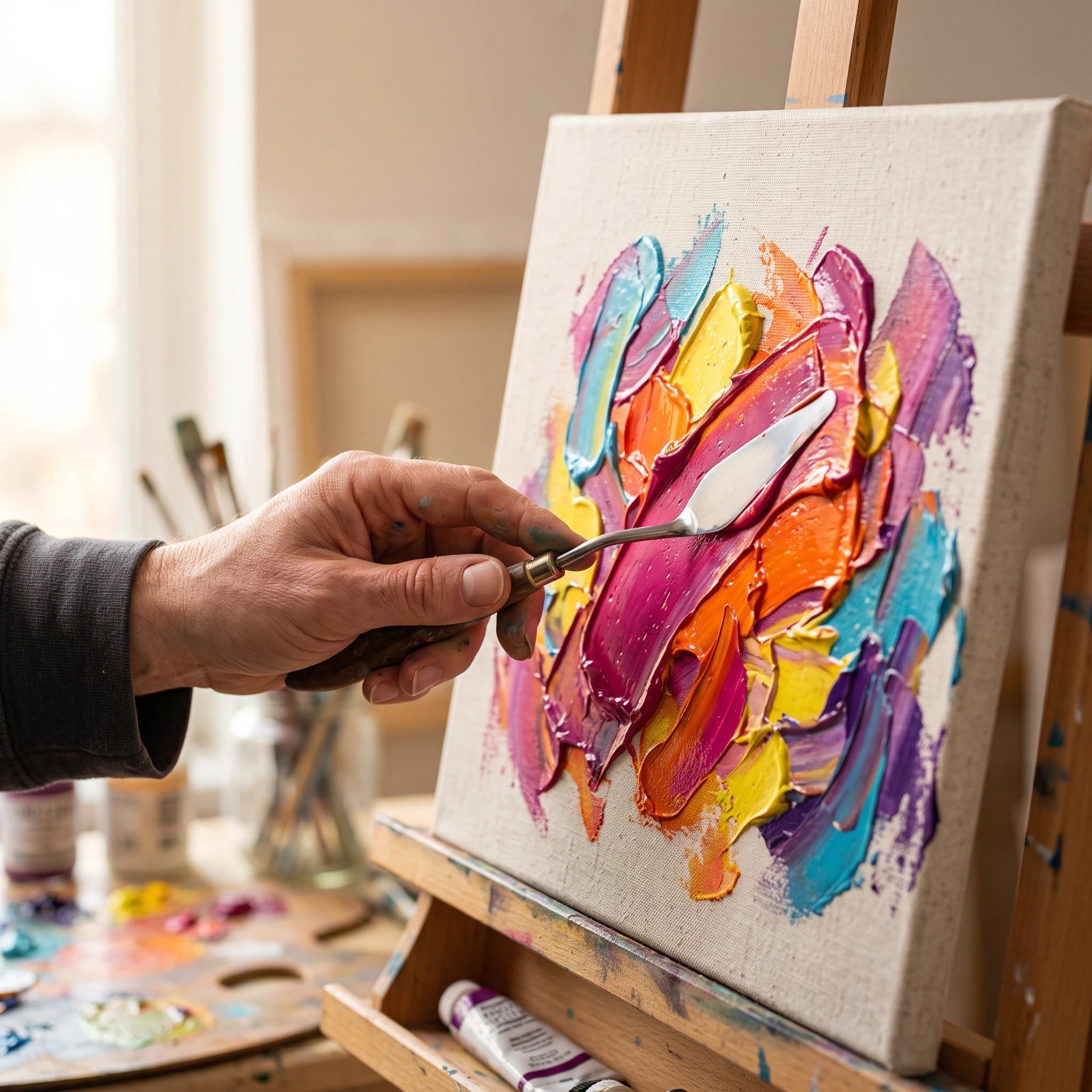 Nanošenje gustog akrila El Greco špahtlom — impasto efekat
