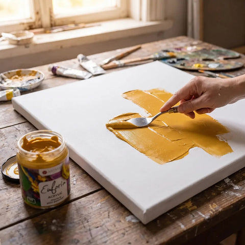 Nanošenje akrila ARTMIE Euforia slikarskim nožem na platno — impasto tehnika