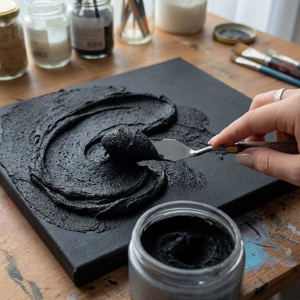 Nanošenje crne Midnight paste špahtlom na platno