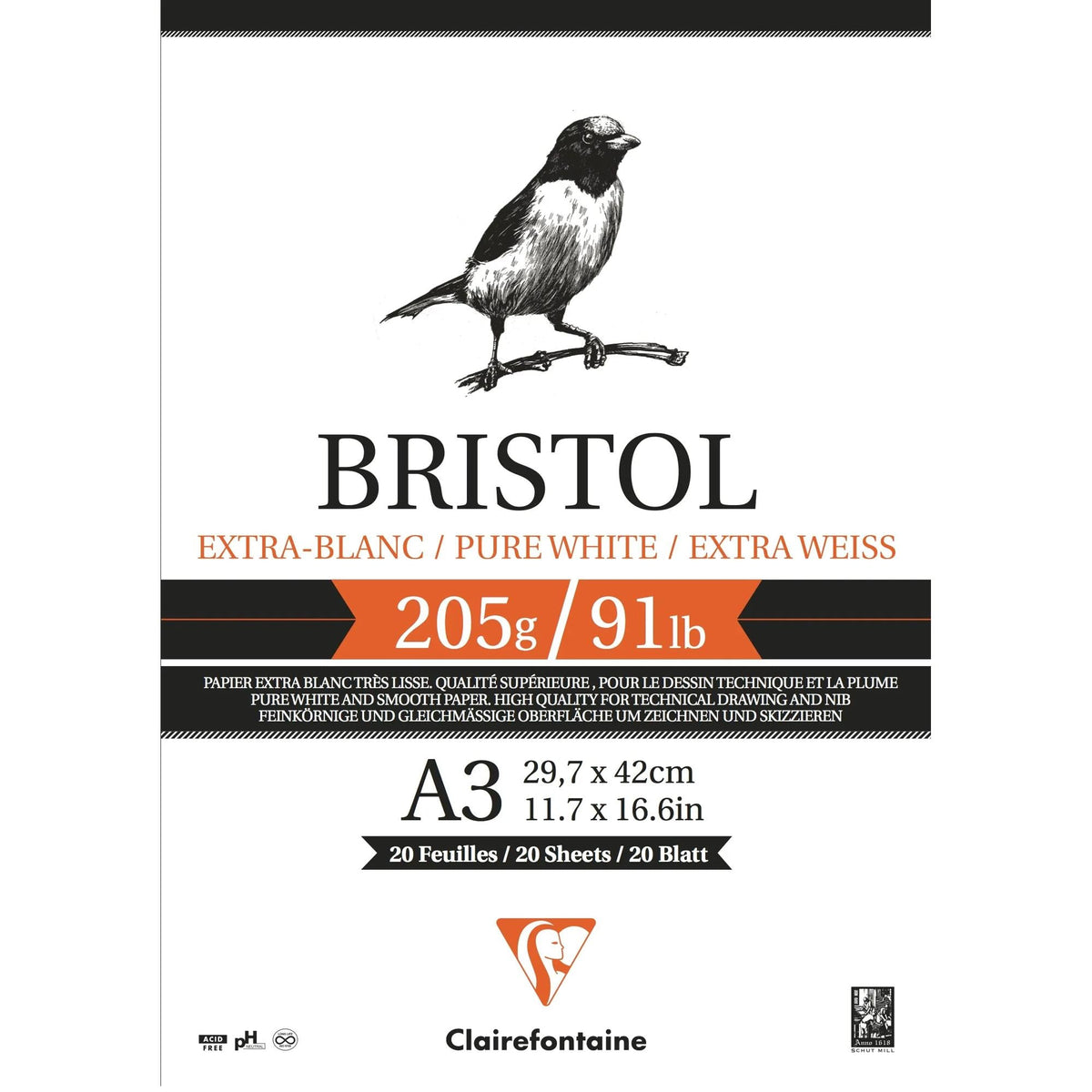 Blok za crtanje CLAIREFONTAINE Bristol 205 g/m² – 20 listova, A4 – A3