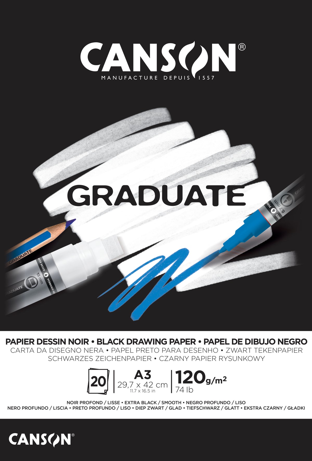 Crni blok za skiciranje CANSON Graduate 120 g/m² A3 - 20 listova, lepljen