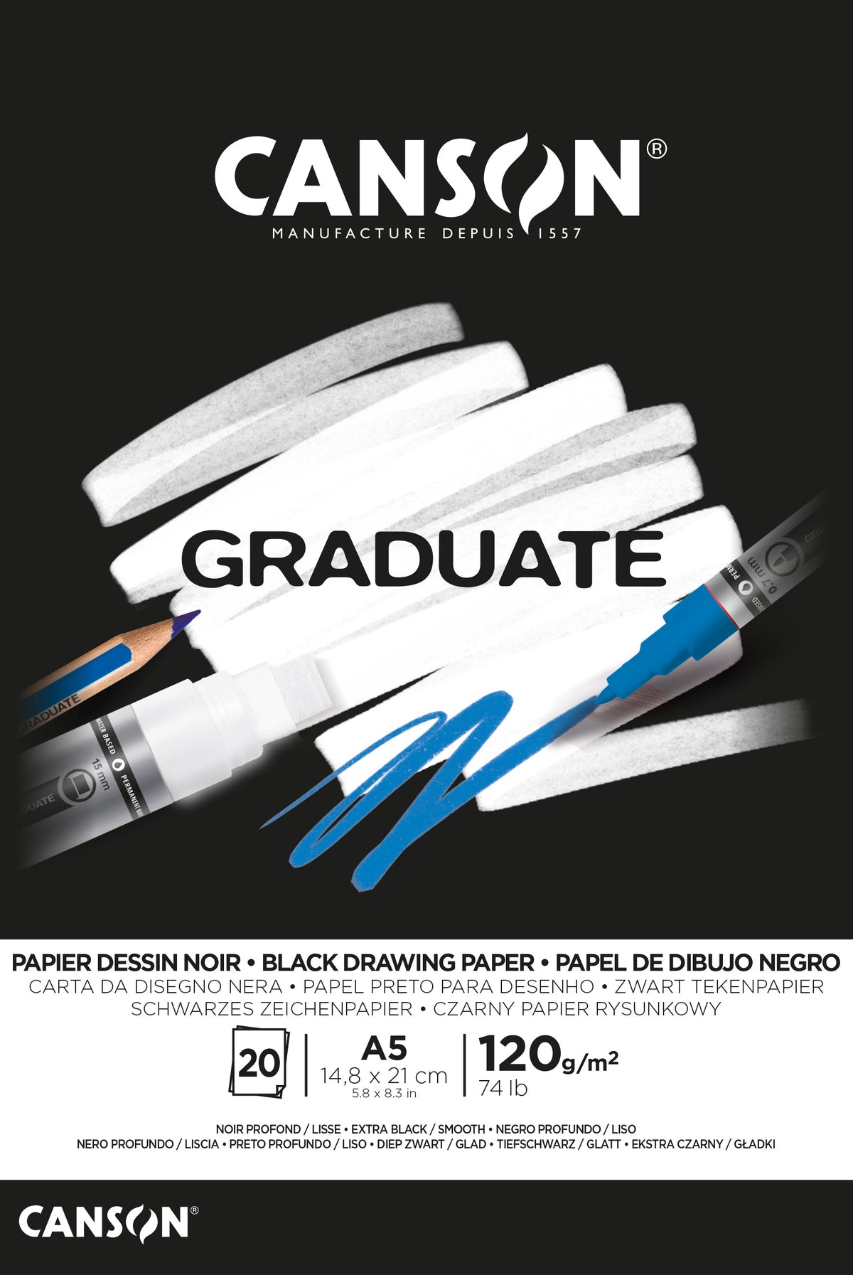 CANSON Graduate crni blok za skiciranje 120 g/m² 20L A5 lepljen