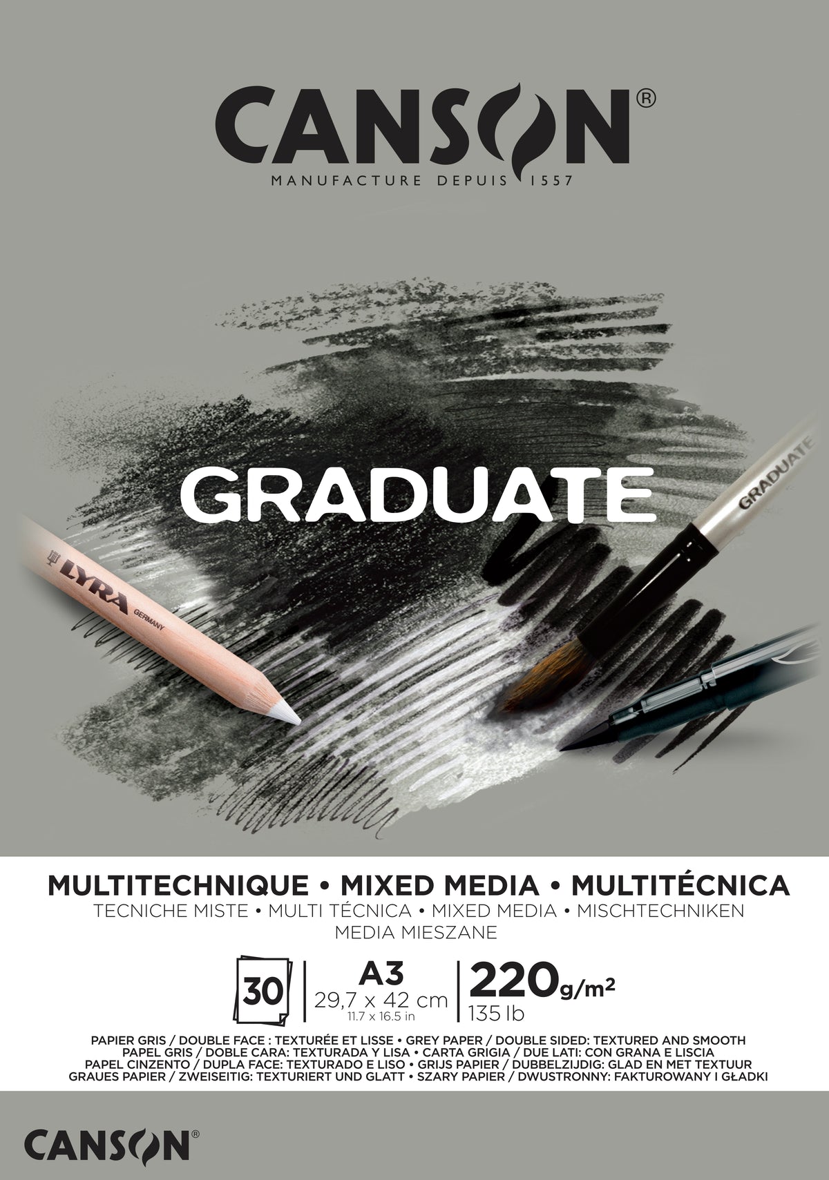 CANSON Graduate Mix Media sivi blok 220 g A3, 30 listova, lepljen