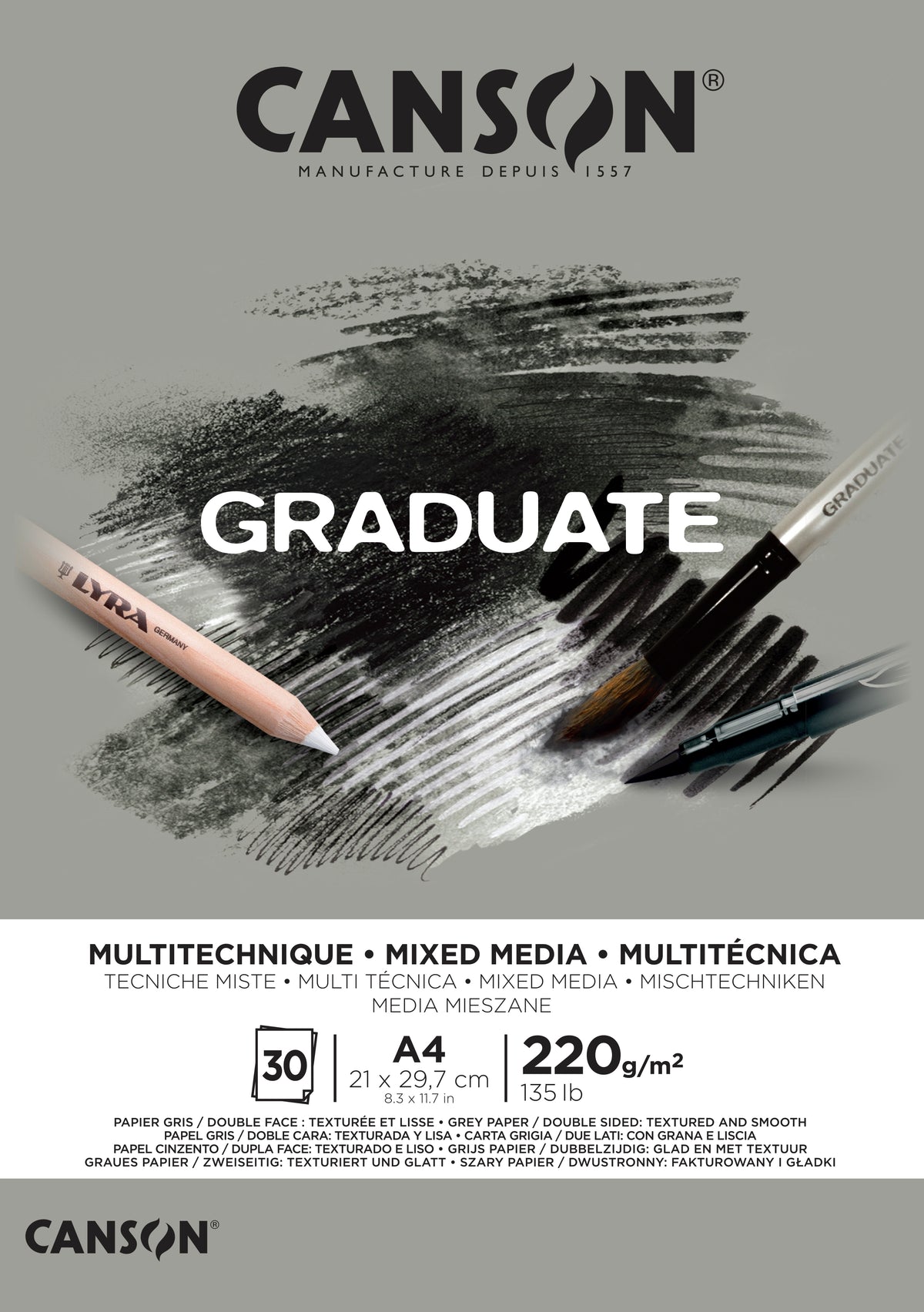 Canson Graduate Mix Media blok Grey 220 g/m² - 30 listova, A4, lepljen