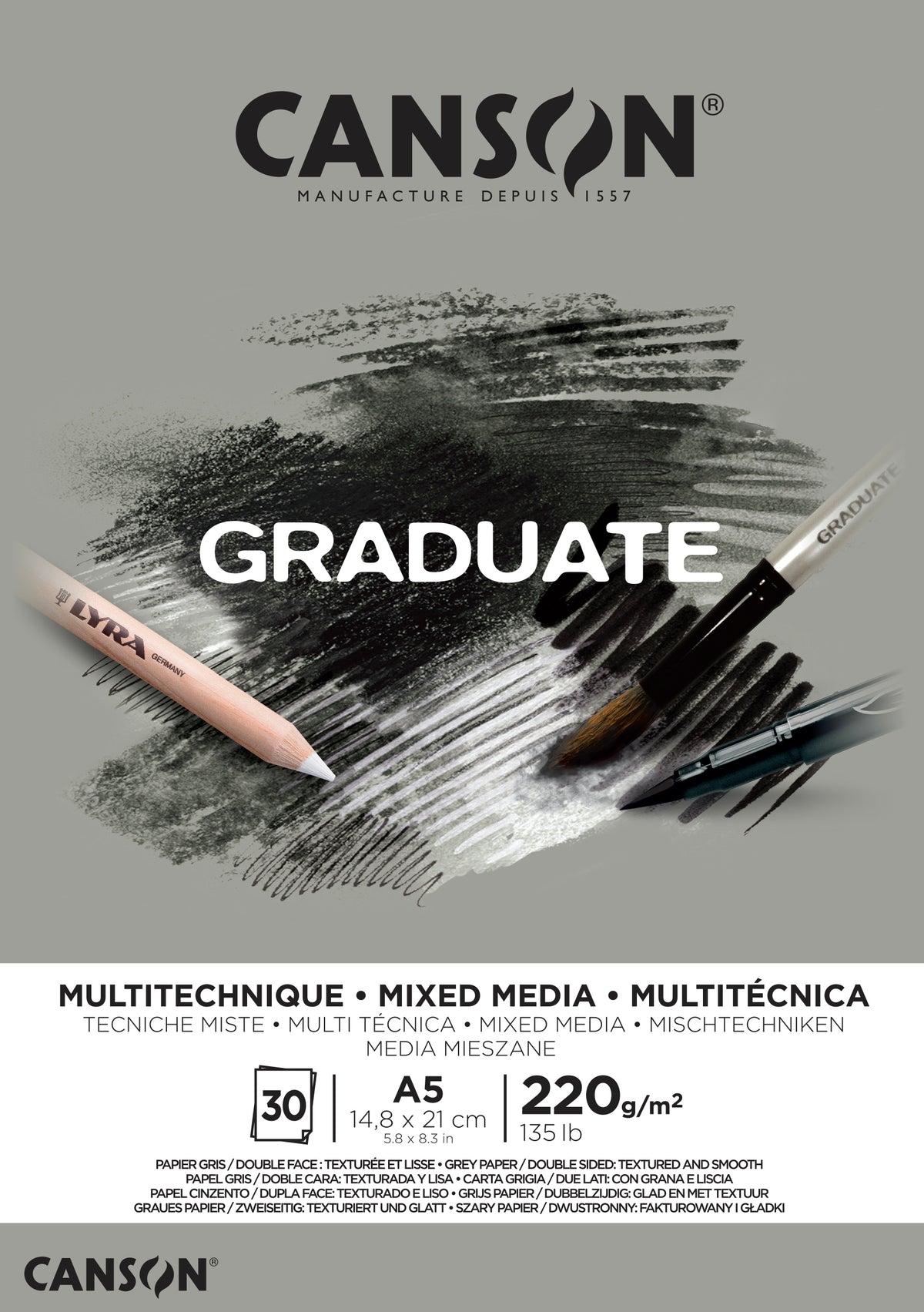 CANSON Graduate Mix Media blok sivi 220 g A5 - 30 listova lepljen