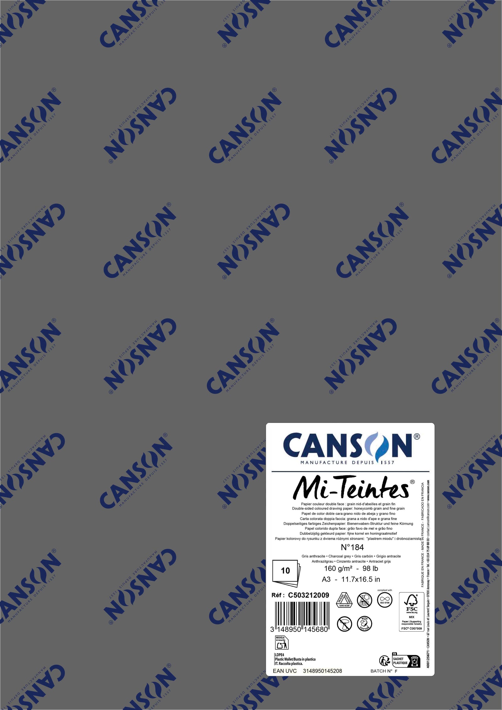 Papir za pastel Canson Mi-Teintes A3 160 g - 10 listova – Ugljeno siva 184