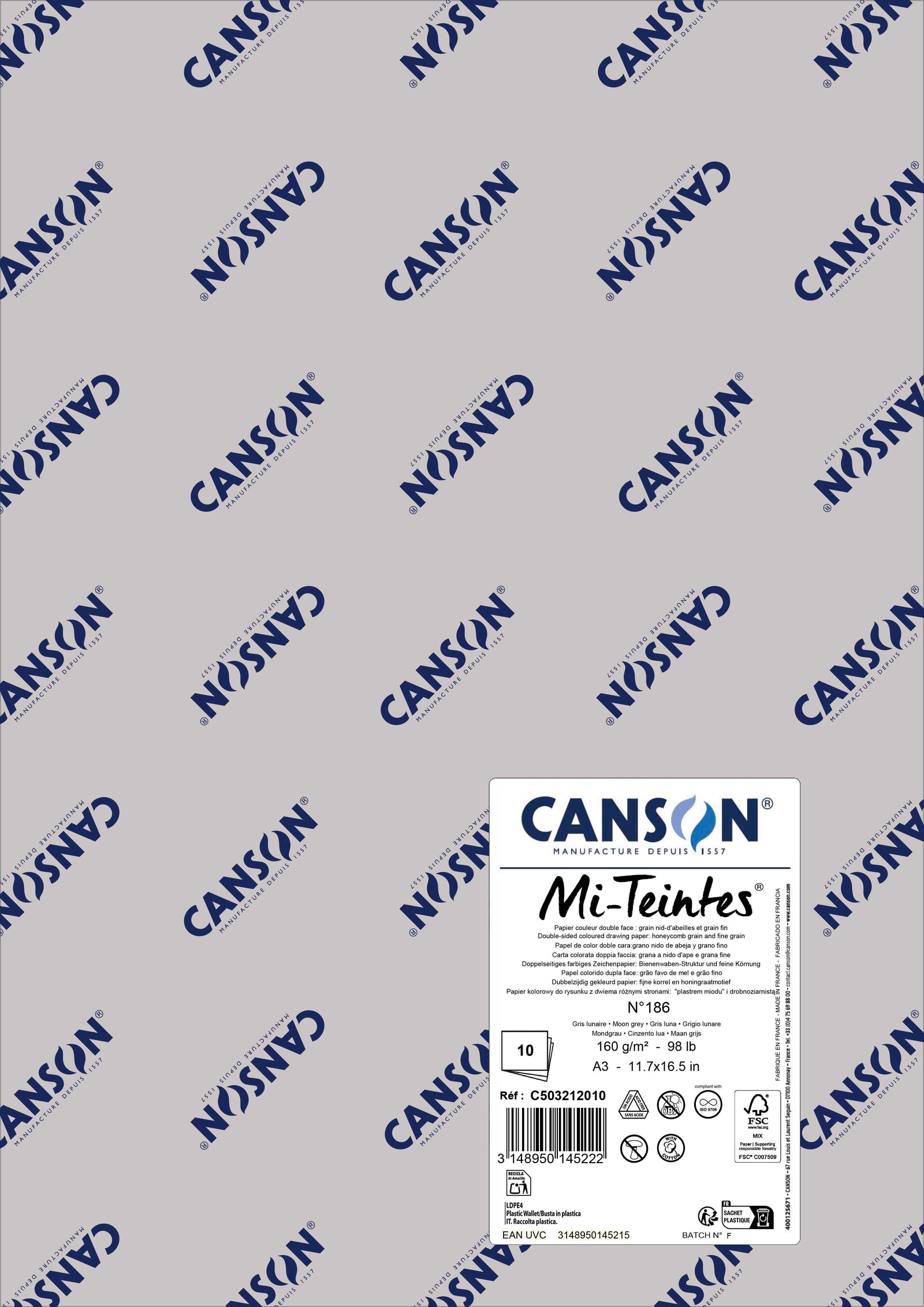 Papir za pastel Canson Mi-Teintes A3 160 g - 10 listova – Mesečevo siva 186