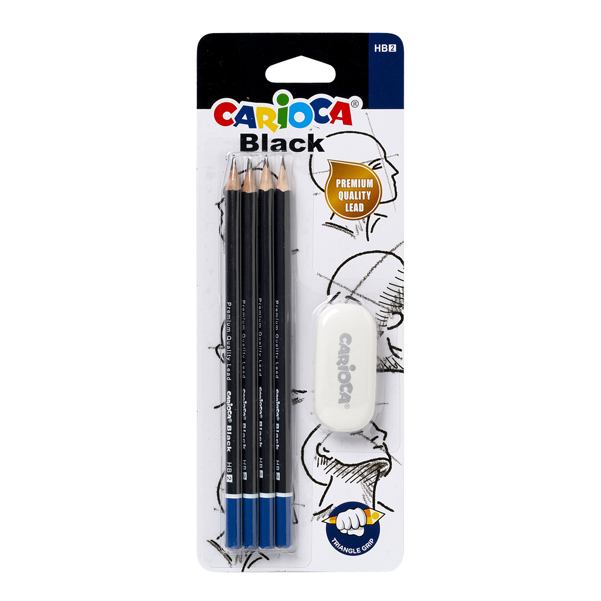Carioca set trouglastih olovaka Black 2/HB sa gumicom, 4 kom