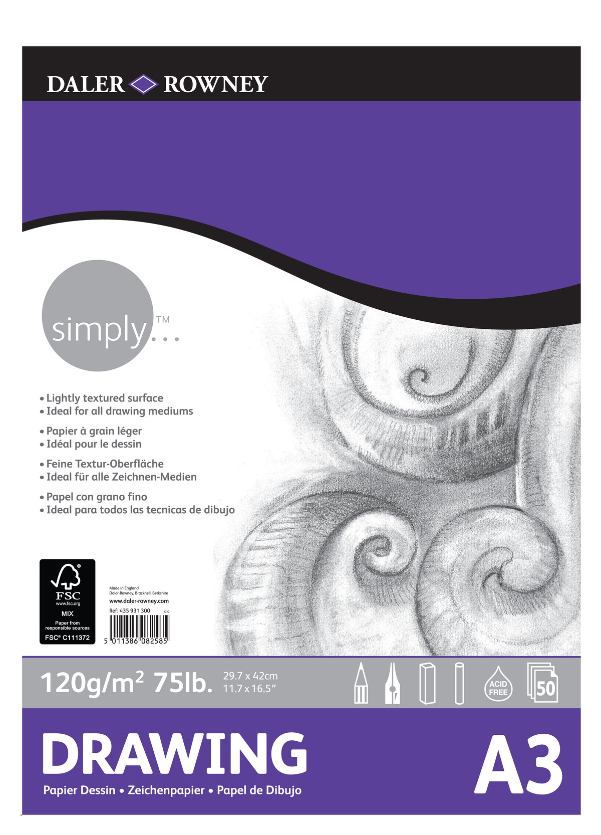 Skicen blok DALER ROWNEY Simply A3, 120 g, 50 listova lepljen