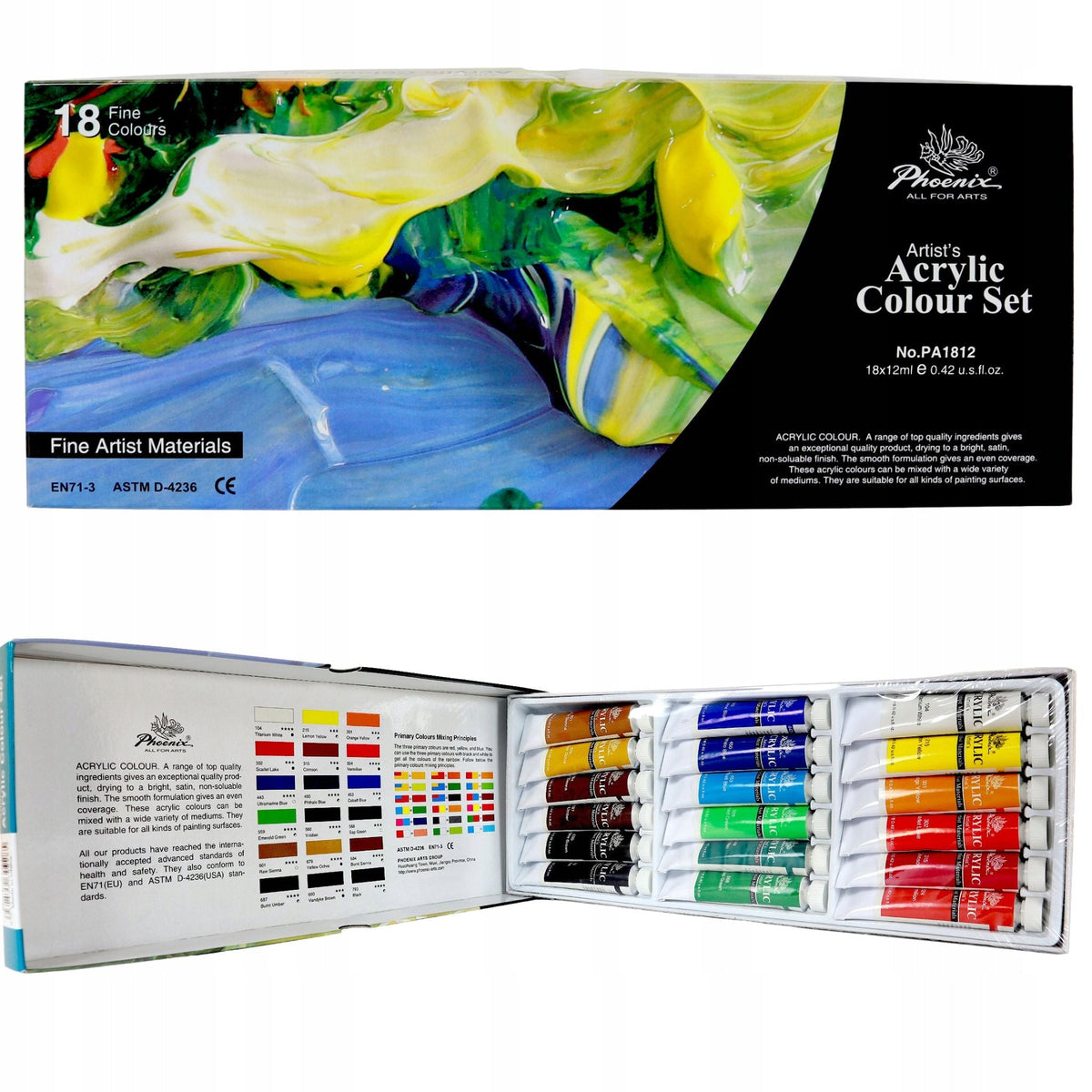 Phoenix set akrilnih boja 18 x 12 ml u drvenom koferu sa štafelajem i priborom