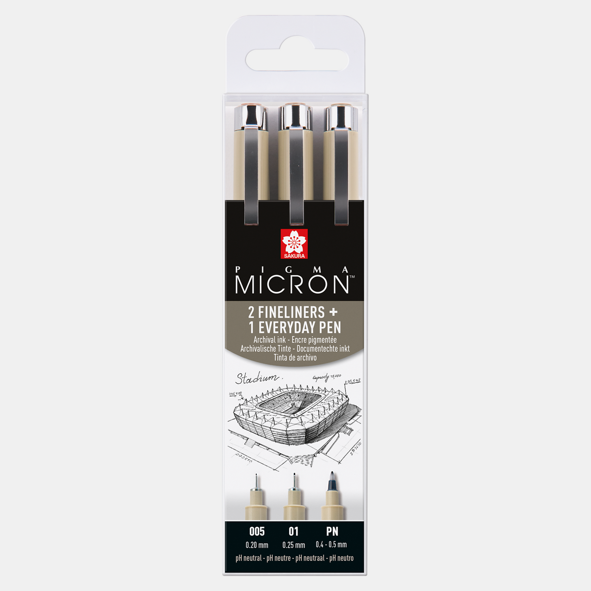 Set tehničkih pera SAKURA Pigma Micron Arhitektura 3 kom - 005, 01, PN Black