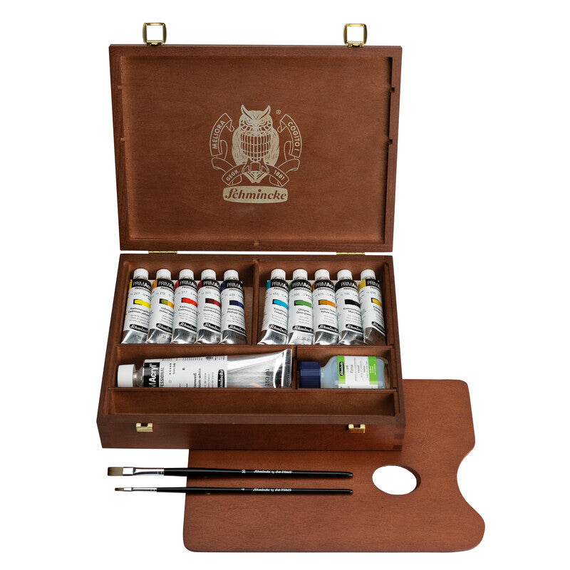 Schmincke PRIMAcryl drvena kutija sa akrilnim bojama 10 x 35 ml + bela 150 ml i četkice