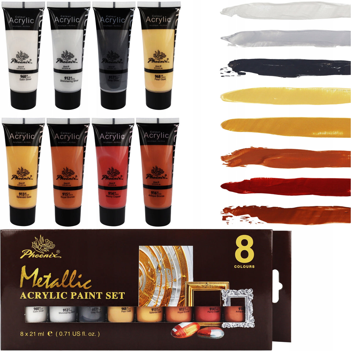 Set akrilnih boja Phoenix, metalik, 8 x 21 ml
