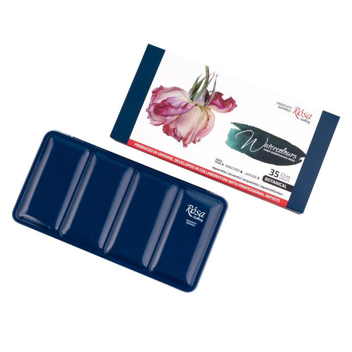 Set akvarel boja "Botanical" ROSA GALLERY, metalna kaseta, 35 boja, pune kocke — slika 2