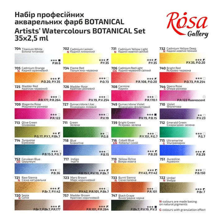 Set akvarel boja "Botanical" ROSA GALLERY, metalna kaseta, 35 boja, pune kocke — slika 5