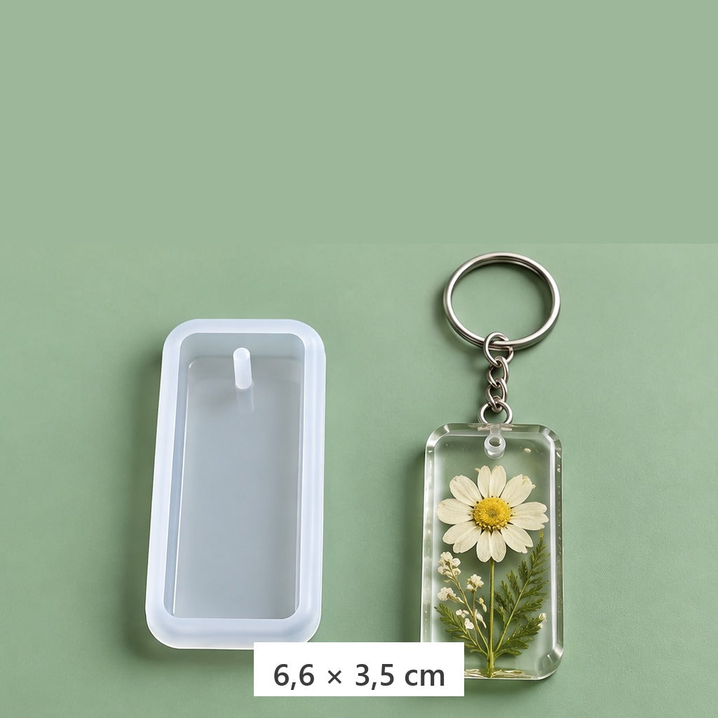Silikonski kalup za priveske od epoksida sa alkama za ključeve – pravougaoni kalup 6,6 × 3,5 cm + 3 alke za ključeve