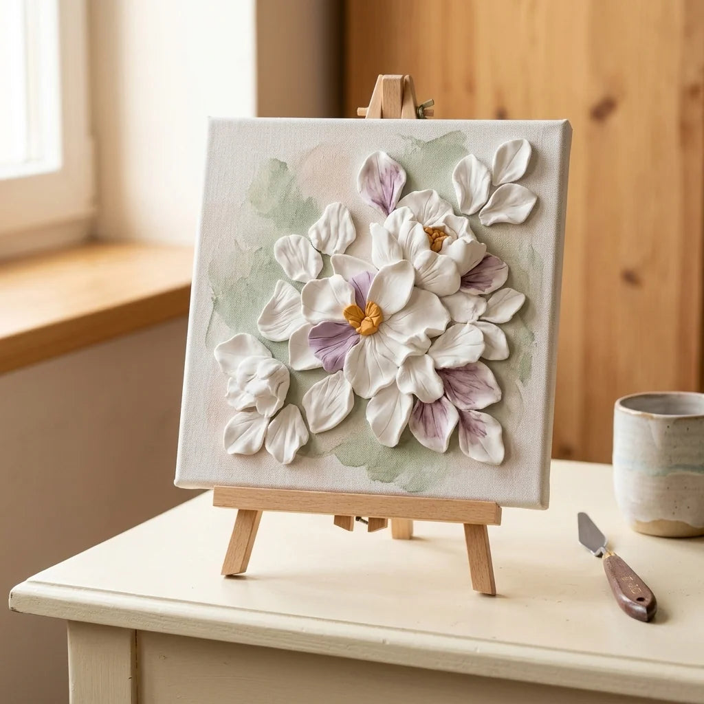 Cvetovi modelovani od Cloudy Clay zalepljeni na platno — 3D reljefna slika