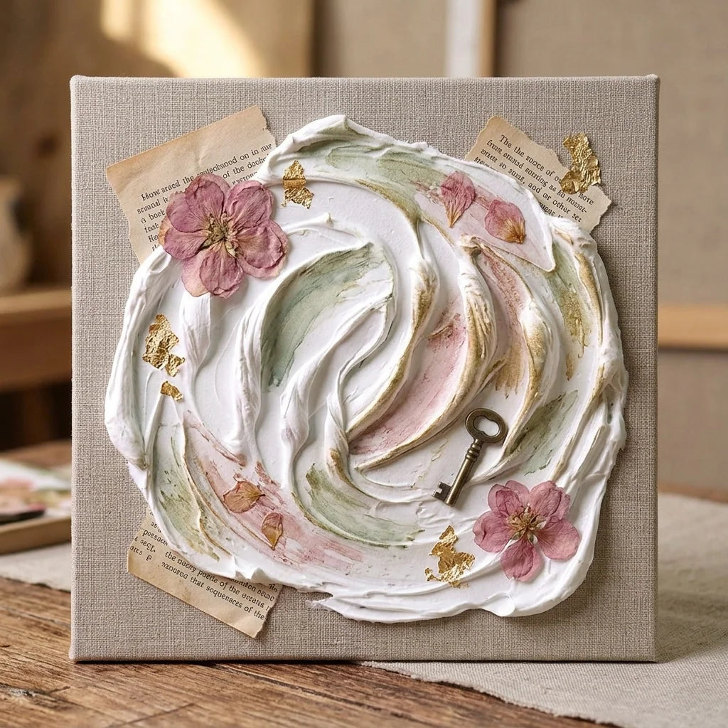 Mixed media kolaž sa Butter pastom — suvo cveće, vintage papir, mesingani ključ