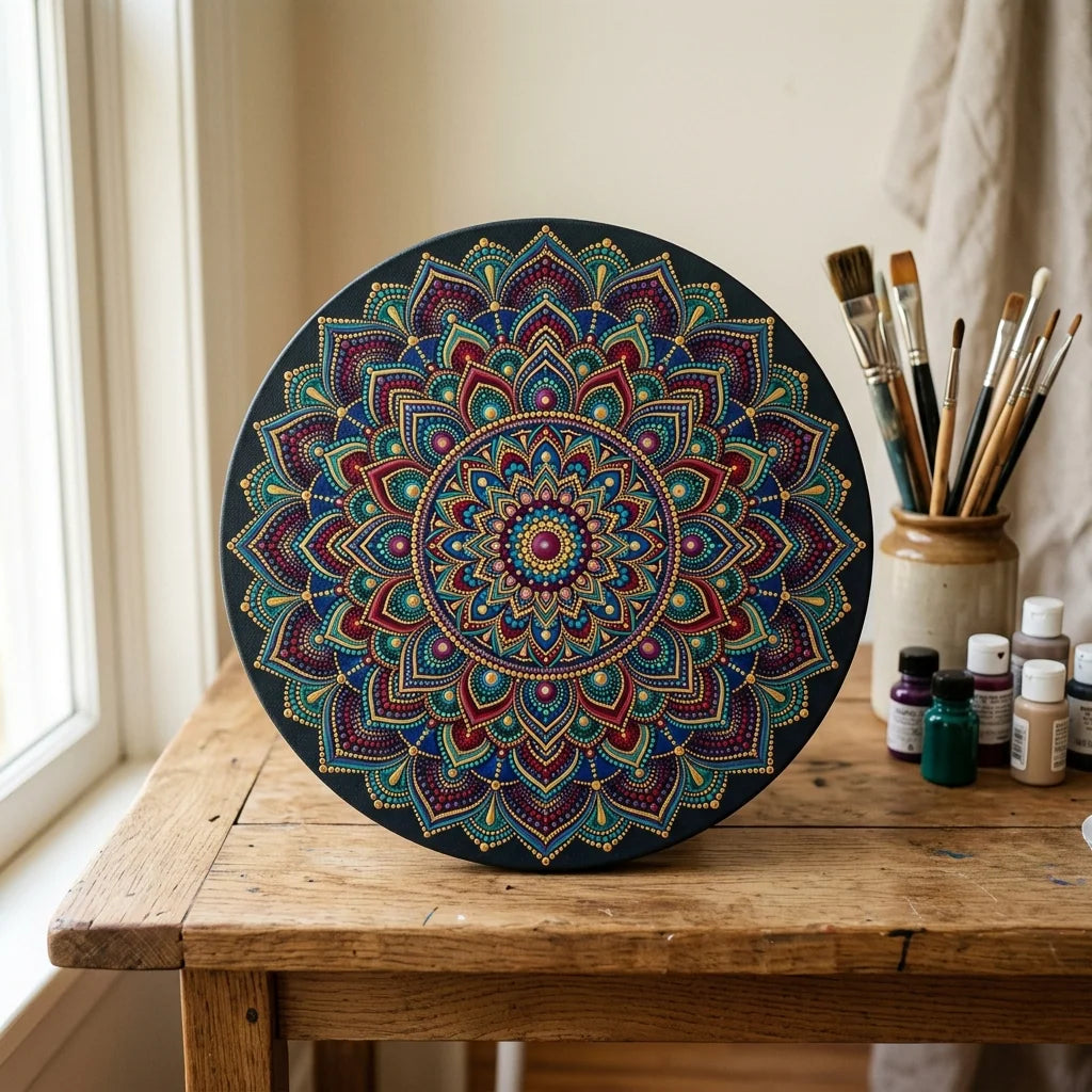 Mandala naslikana na okruglom slikarskom platnu ARTMIE